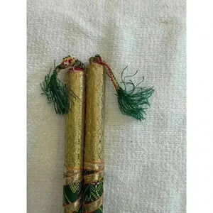 Dandiya Wood Percussion Sticks Narvratri Garba Dance Gota Gold And Green Lace